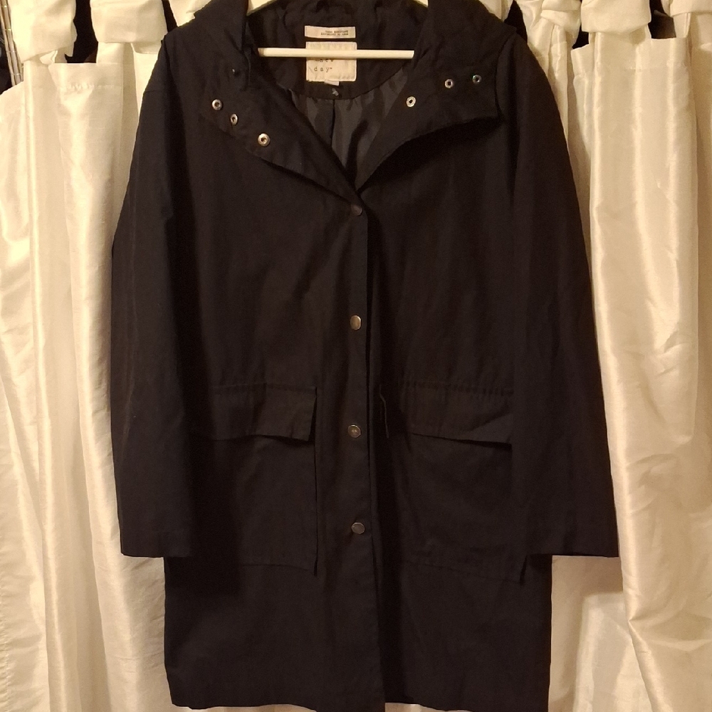 A. New Day Stylish Black Hooded Trench Coat Med